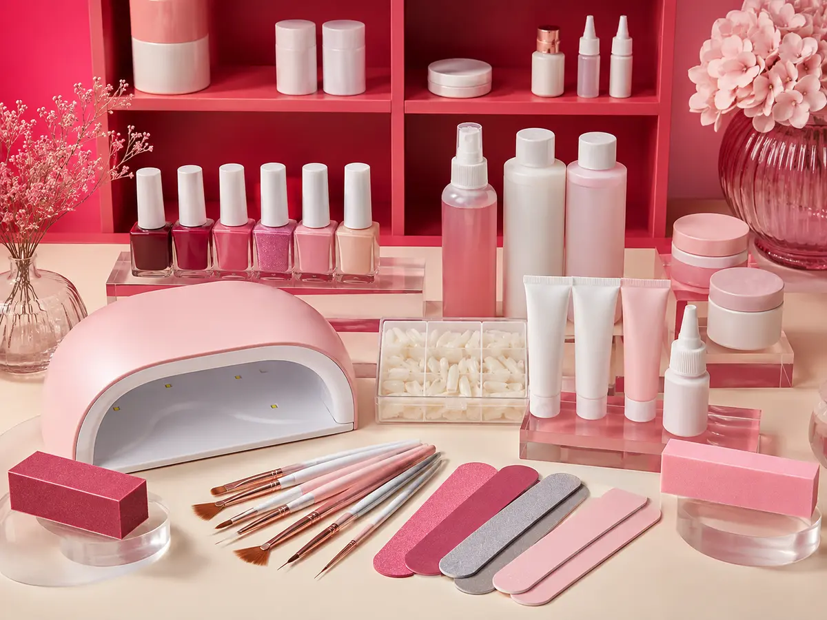 Playful organized nail supply kit in ruby and blush tones