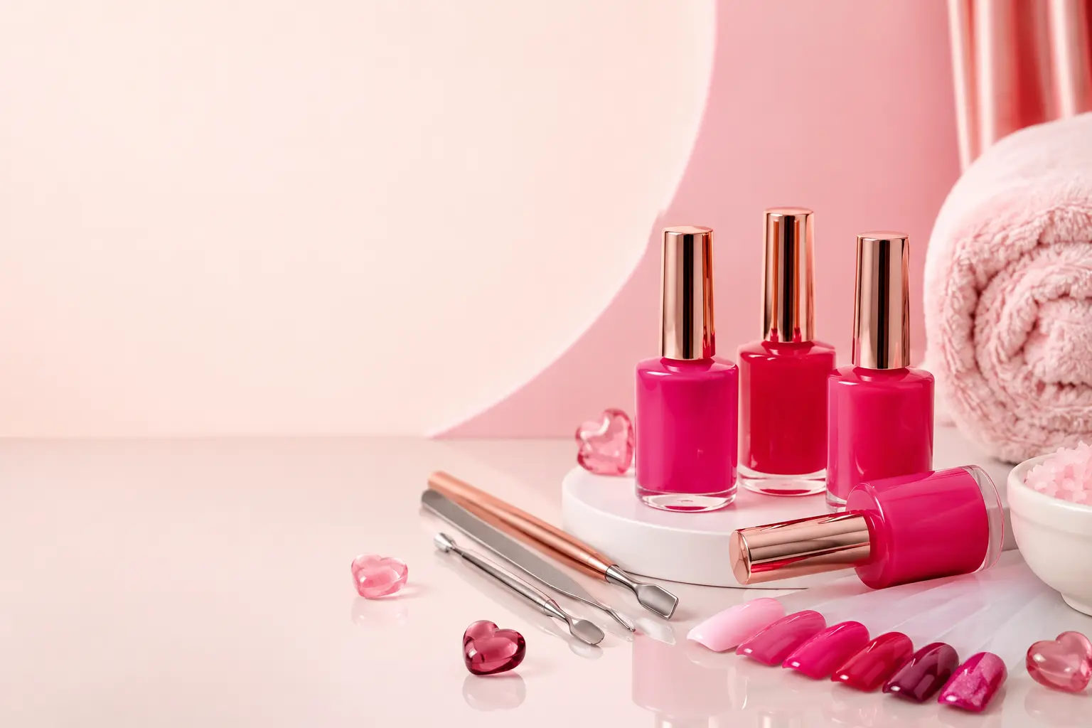 Ruby-pink nail spa products in a bright playful studio