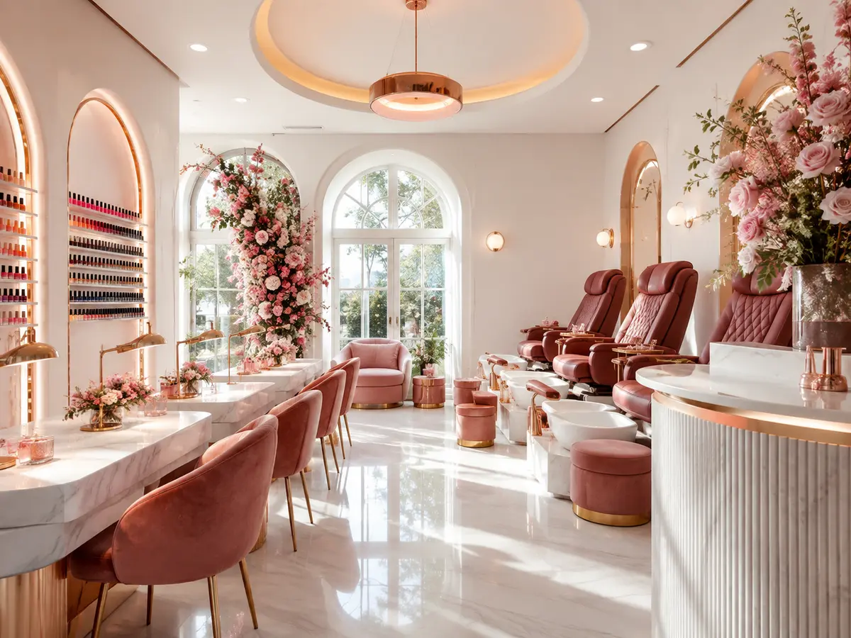 Playful premium ruby-pink nail spa salon interior