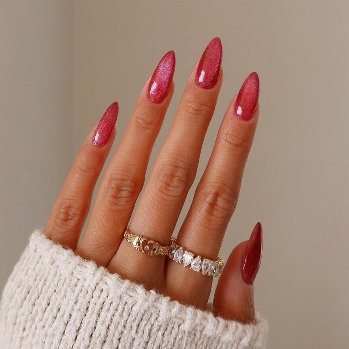 Press On Nails Long Almond Red Ruby Glossy Fake Nails Acrylic False Nail Tips Kit Glue on Nails for Women