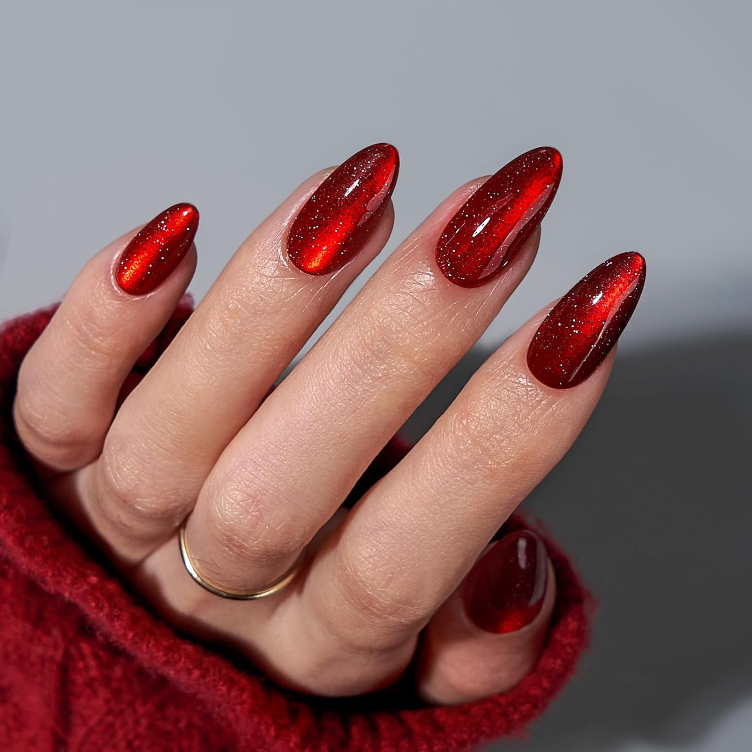 BTArtbox Press On Nails Almond – Deep Red Sparkly Stick on Nails for Christmas, Glossy Fake Nails Medium in 15 Size, 30 Nail Kit, Mystic Ruby