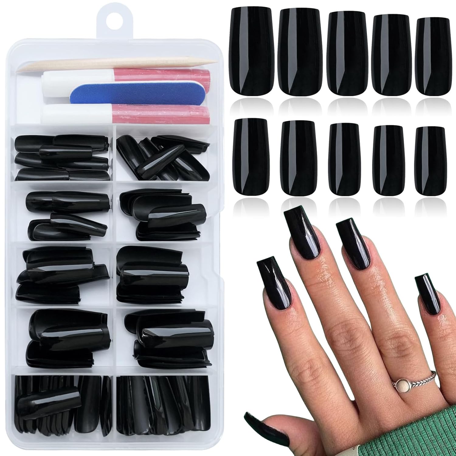 120Pcs Black Press on Nails Medium Square Glue on Nails, Glossy Solid Color Fake Nails Full Cover Acrylic Nails Press on for Women Girls Artificial Fingernails