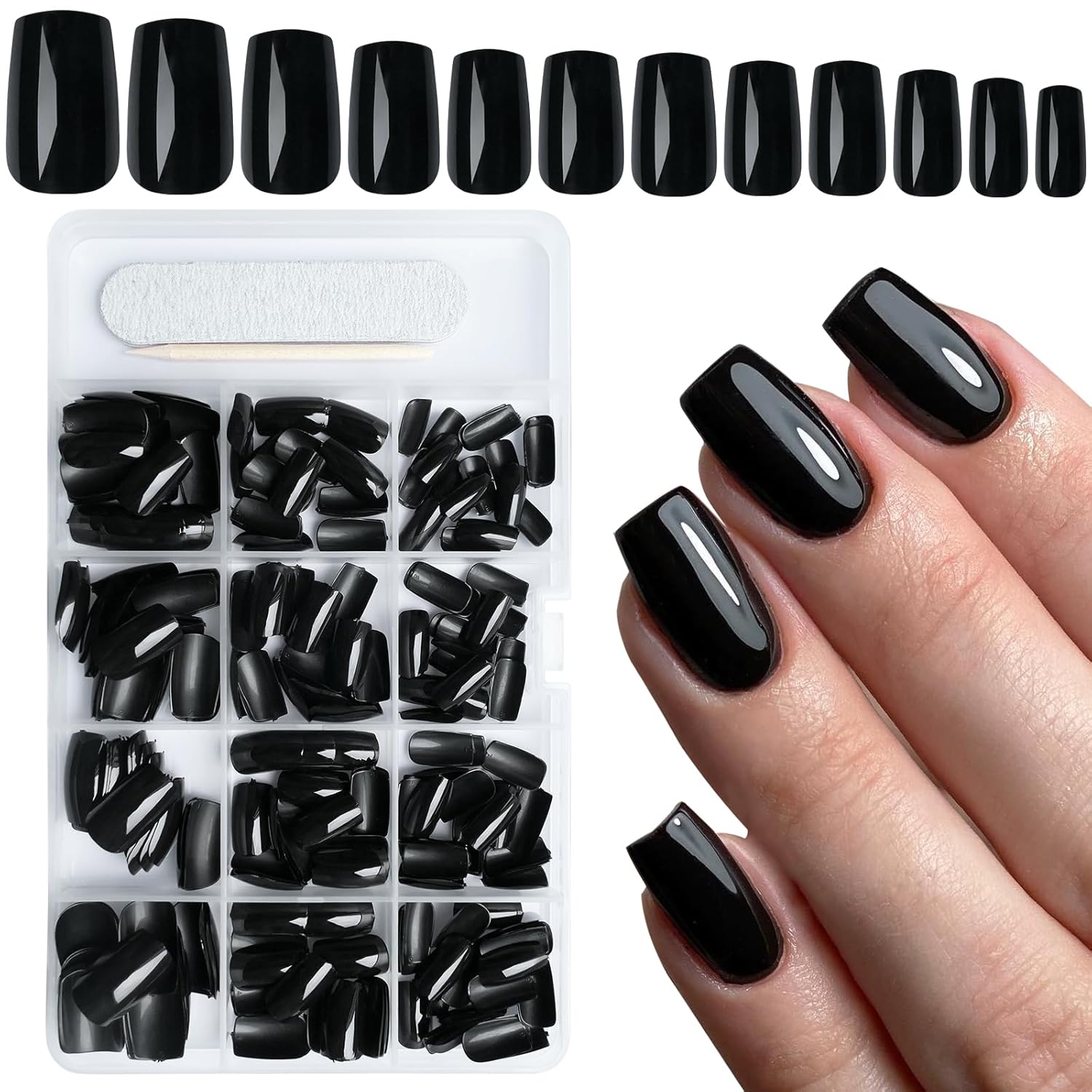 AddFavor 240pcs Black Press on Nails Medium Square Fake Nails, Glossy Acrylic Press on Nails Gel False Nails with Adhesive Stick for women