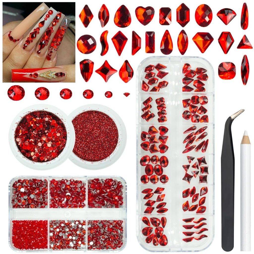 4 Boxes Red Nail Rhinestones Glitters Kit, 24 Shapes K9 Glass Ruby Red Gems Flatback Round Gems Stones Diamonds Crystals Siam Red Nail Art Supplies Nail Charms for Acrylic Nails Faces Body DIY Crafts