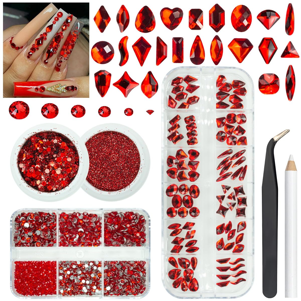 4 Boxes Red Nail Rhinestones Glitters Kit, 24 Shapes K9 Glass Ruby Red Gems Flatback Round Gems Stones Diamonds Crystals Siam Red Nail Art Supplies Nail Charms for Acrylic Nails Faces Body DIY Crafts