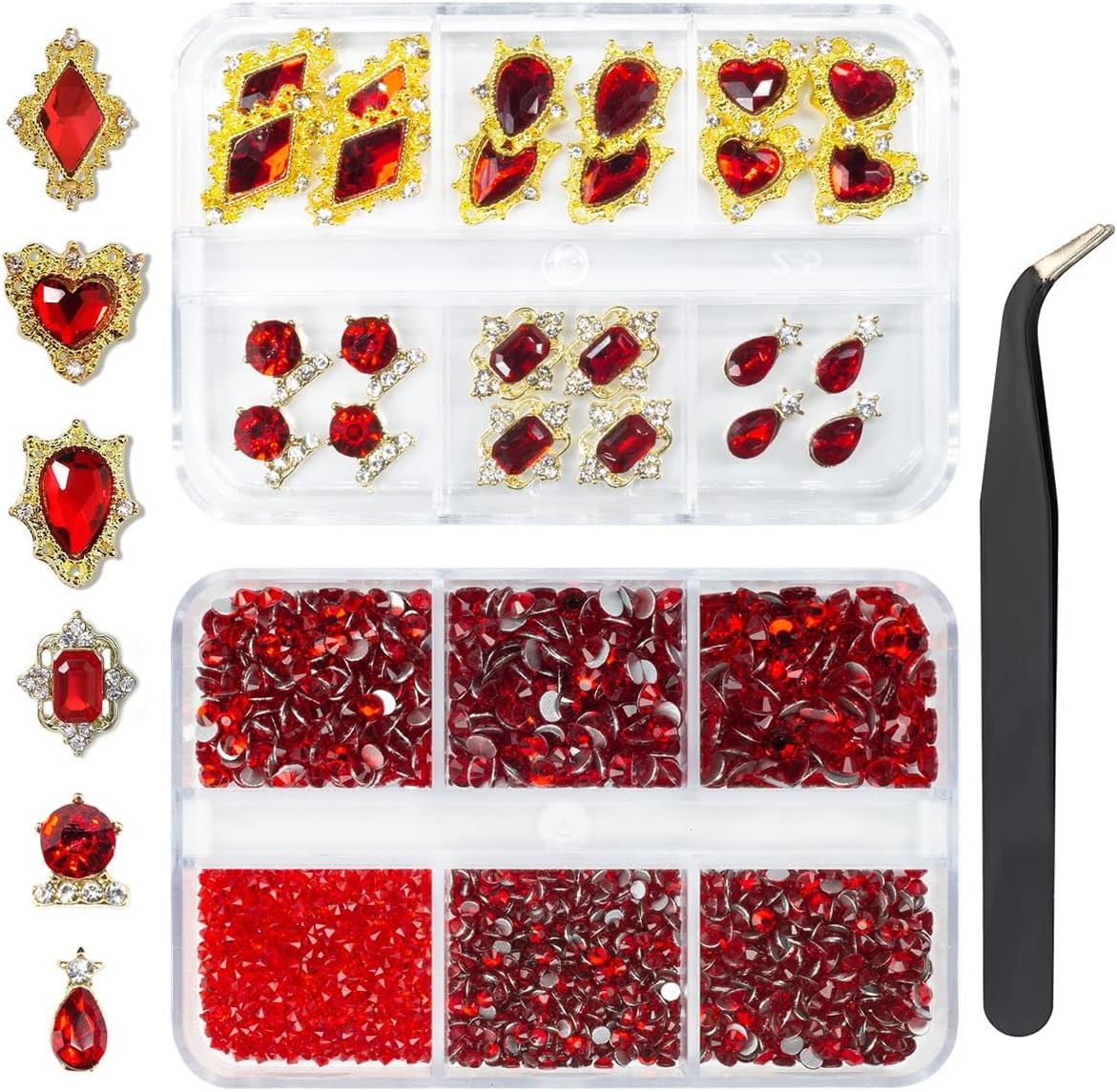 24pcs Red Luxury Nail Charms +2000pcs Ruby Red Rhinestones 3D Big Nail Gems K9 Glass Nail Crystals Diamonds Jewelry Stones Alloy Nail Art Studs Decor Supplies Heart Charms for Arylic Nails Crafts DIY