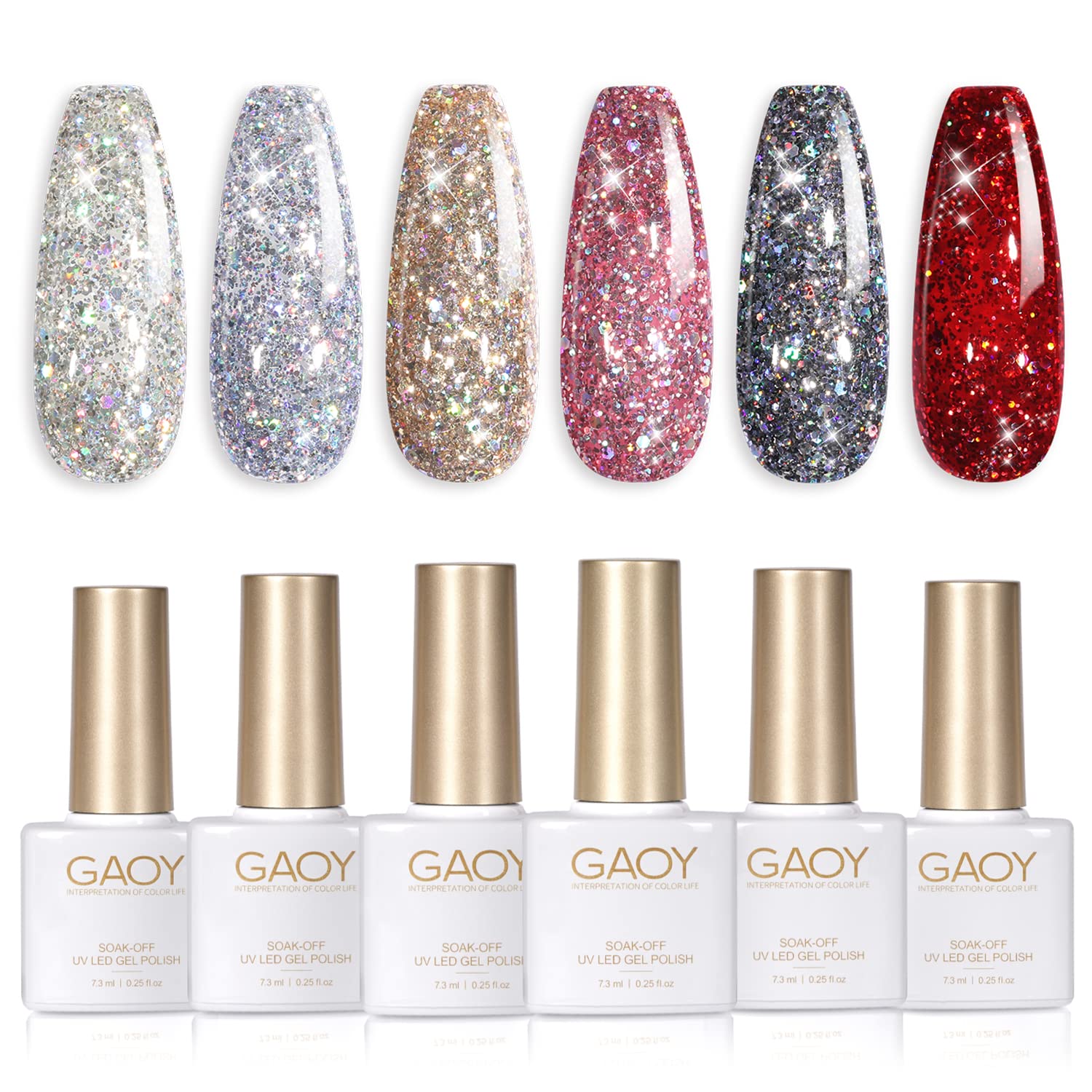 GAOY Glitter Ruby Nail Polish Set for Christmas Nails 6 Colors Including Sparkly Shiny Red Black Pink Gel Polish Kit UV LED Soak Off Nail Polish Home DIY Manicure Nail Salon Varnish
