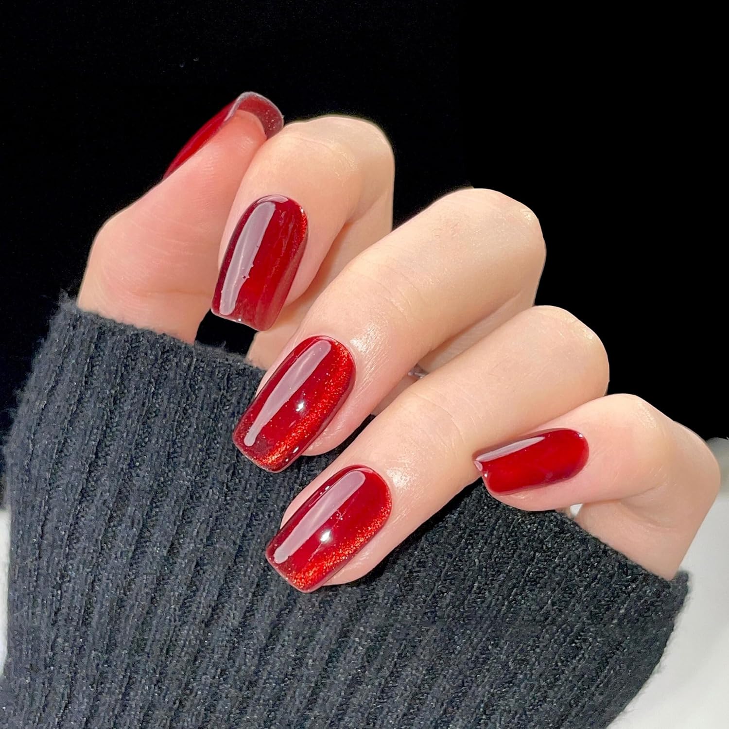 Red Velvet Press On Nails Medium Square False Nails Acrylic Ruby Cat Eye Fake Nails for Women’s Daily and Party Wear, Glossy Galaxy Full Cover Stick On Nails with Glue in 12 Sizes – 24 Nail Kit